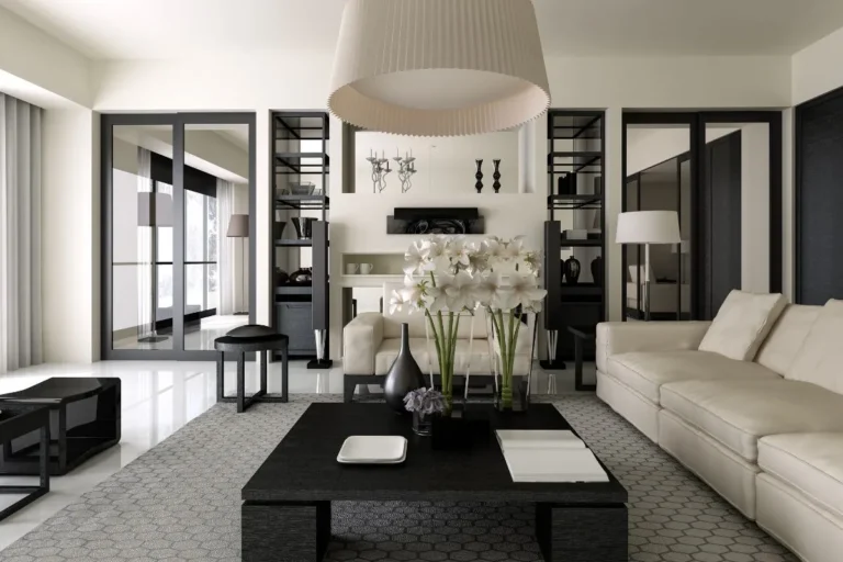Decoração de interiores, sala em preto e branco