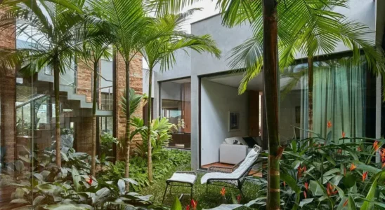 jardim com muitas espécies de plantas tropicais rodeando uma cadeira de descanso branca com parede da casa branca e de tijolo ao fundo.