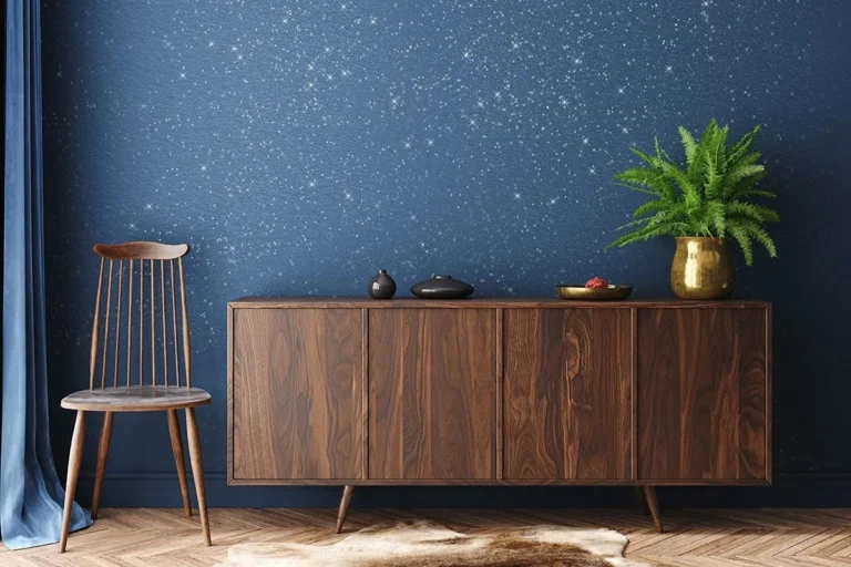 parede com glitter em azul com aparador de madeira com planta em vaso de metal dourado em cima