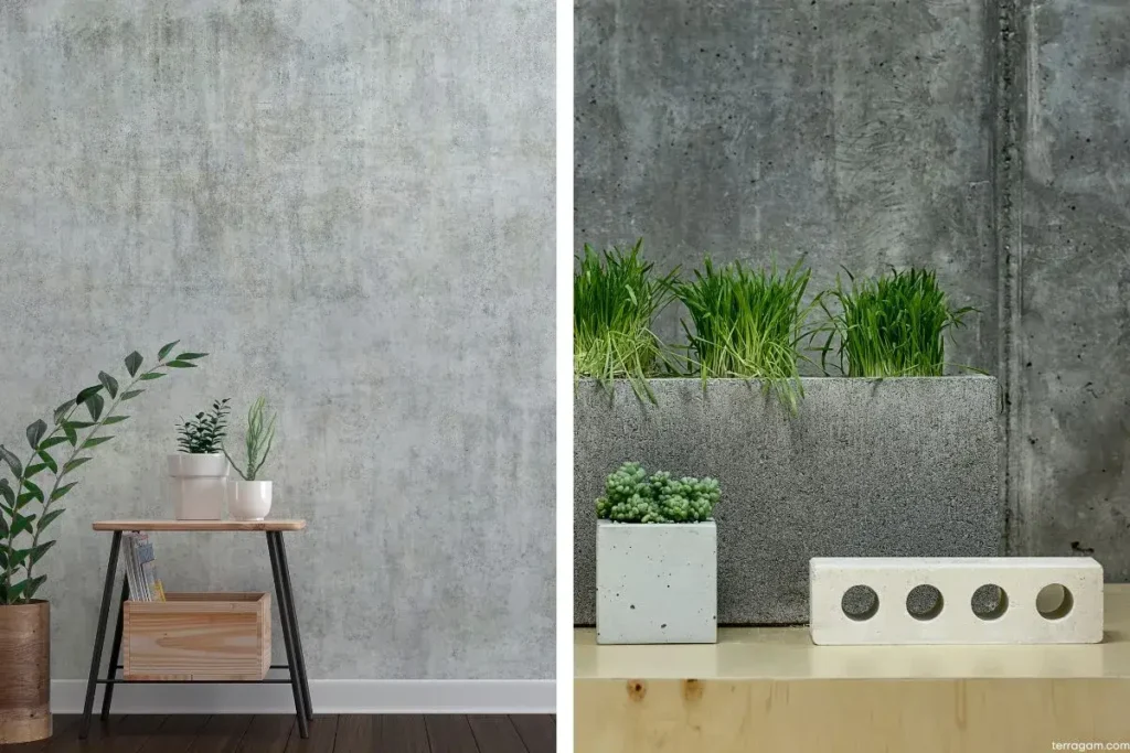 Imagem da esquerda com concreto na decoração da parede com uma mini mesa de madeira e pernas de metal com vasos de plantas em cima e na lateral. Na imagem da direta vasos de concreto com plantas.