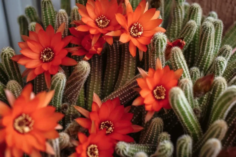 hastes verdes com espinhos e flores vermelhas do cacto echinopsis chamaecereus